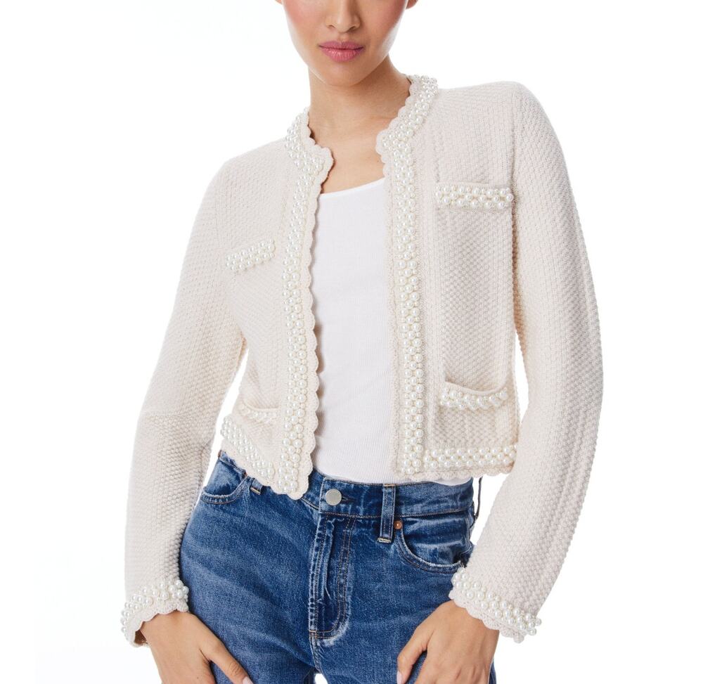 Alice And Olivia Embellished Beige Noella Knit Jacket Size XS